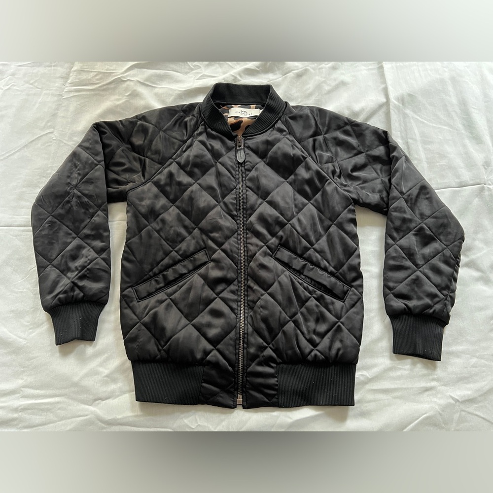 Coach Ocelot Leopard Lining Quilted Bomber Coat Jacket F54128 Size XS Black